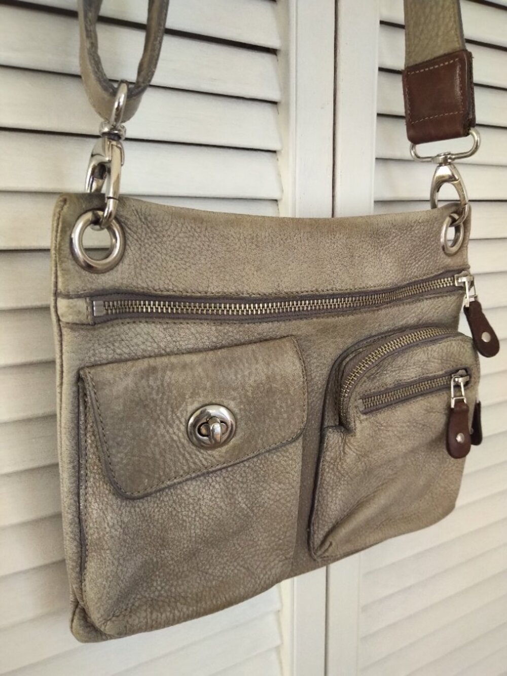 ROOTS Taupe Pebbled Leather Village Tribe Crossbody Bag